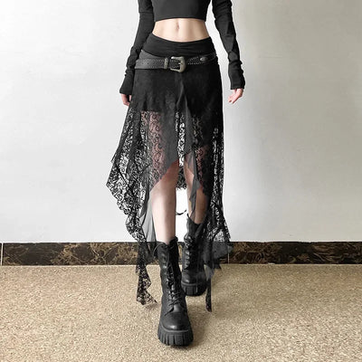 Y2K Goth Dark Irregular Hem Lace Patchwork Mid Skirts Women Streetwear Fairy Slim Pleat A-line Skirt Mall Goth Fashion Bottoms