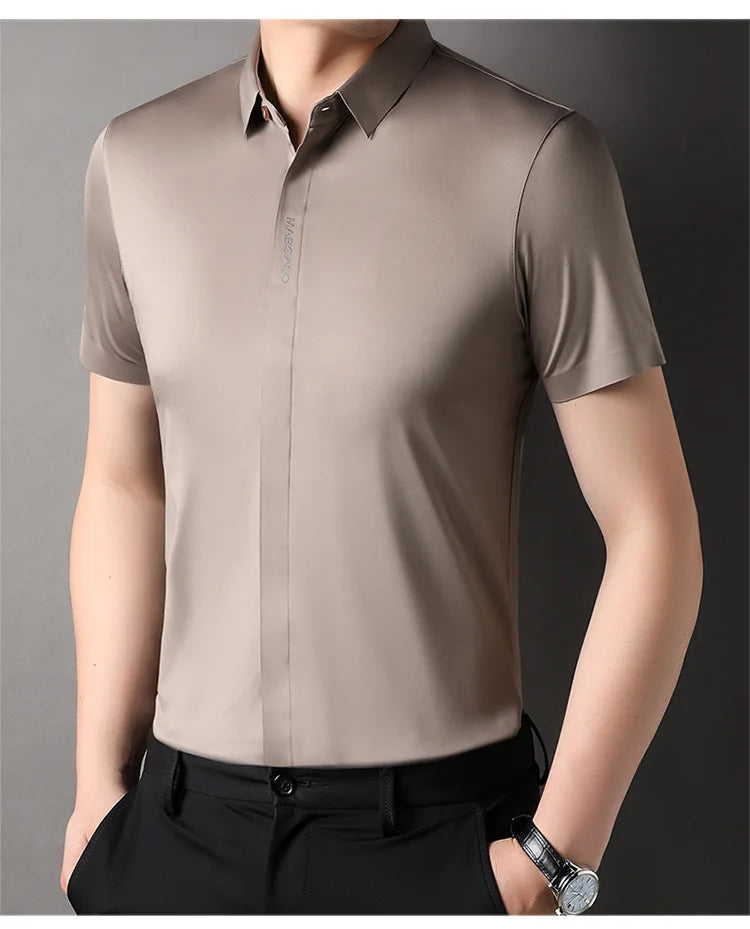 Summer New High-grade Hidden Button Men's Light Luxury Short Sleeve Shirts Men High Elastic Business Anti-wrinkle Ice Silk Shirt