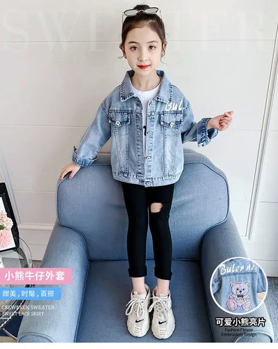 3 4 6 8 10 12 Years Teen Girls Denim Jacket Spring New Fashion Bear Sequin Cowboy Coats For Girls Children Outwear Birthday Gift