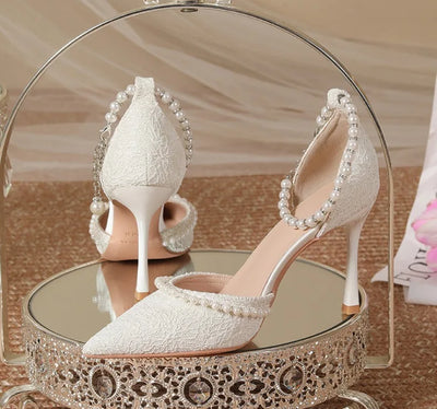 High Heeled Shoes Women's 2025 Summer with A Thin Heel and Pointed Toe A Straight Cut Lace Surface White Pearl Bridal Shoe Women