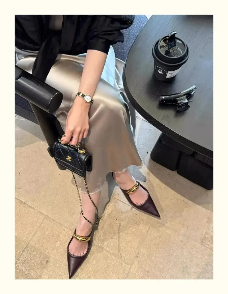 Chunky Pointed Toe Slippers Women Metal Buckle Retro Slides Female Comfy Fashion Low Heel Sandals Designer Mules Pumps Women