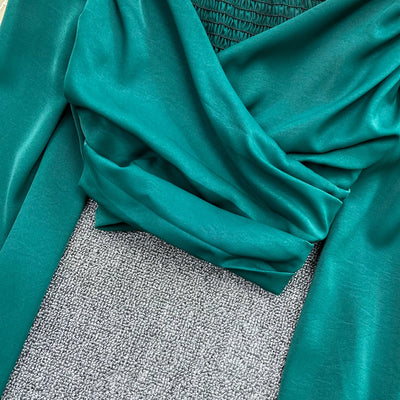 Chic Puff Long Sleeve Criss-cross Slim Blouse Korean Fashion Pleated Crop Top Sexy Shirt Hotsweet Spring Autumn Women Clothes