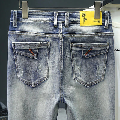 Retro Men's Jeans Slim Elastic Spliced zipper Skinny Pencil Trousers Harajuku Hip-hop Rock Motorcycle Denim Pants Streetwear