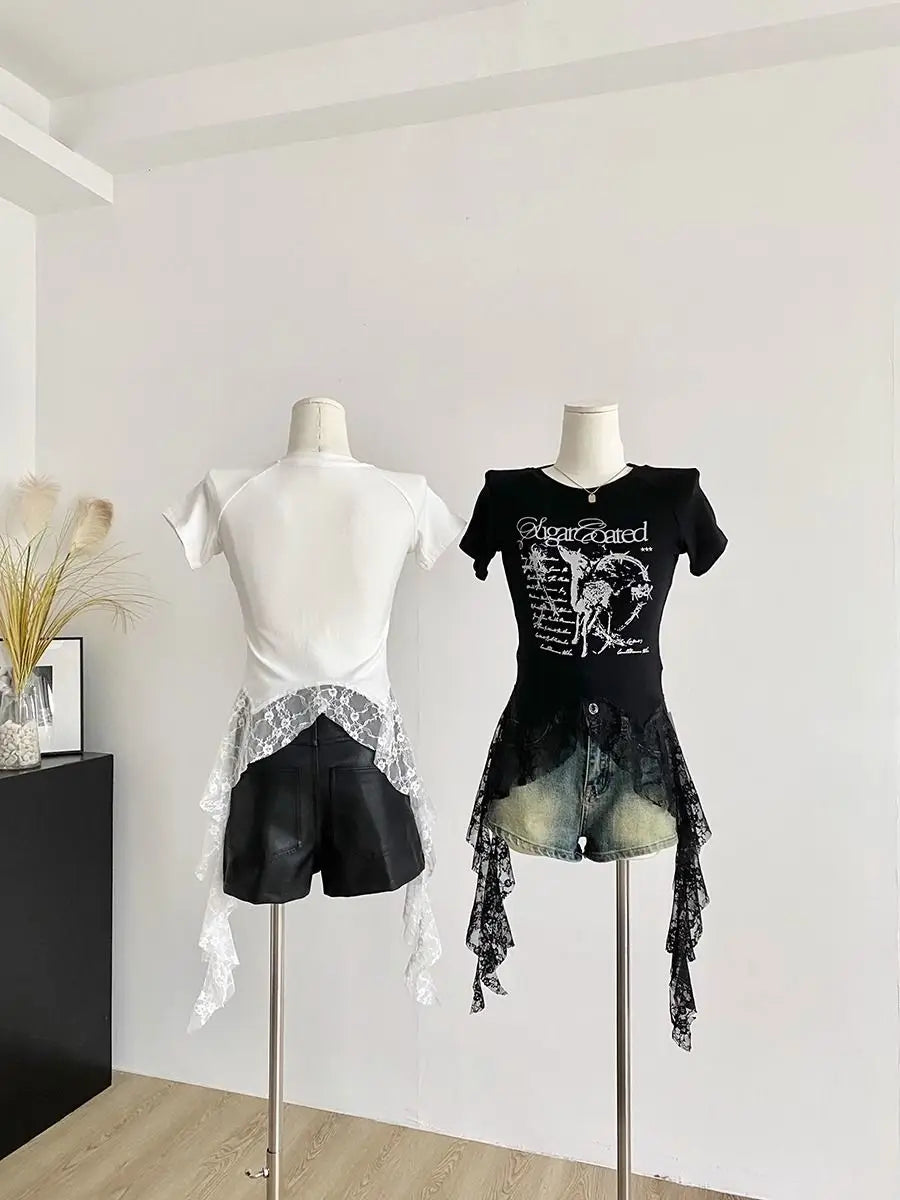 Y2K Brand Cute Deer Graphic Crop Top White Lace Ruffles Tassels Skirt T-shirts Punk Hip Hop E-girl Sexy Club Summer Tees Casual