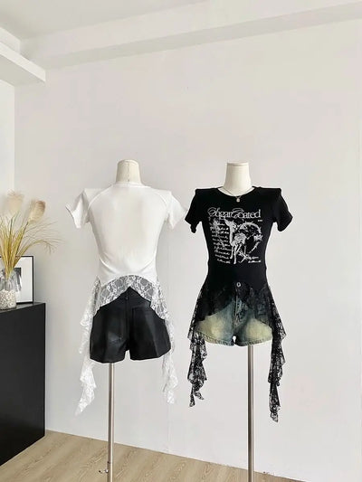 Y2K Brand Cute Deer Graphic Crop Top White Lace Ruffles Tassels Skirt T-shirts Punk Hip Hop E-girl Sexy Club Summer Tees Casual