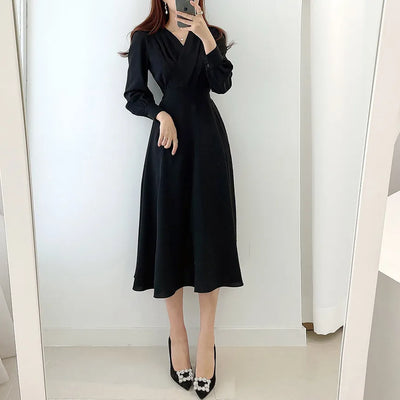 Jielur Harajuku V-neck Puff Sleeve A-line Maxi Dress Woman Solid Color Midi Robe Korean Office Dresses Elegant Spring Dress Lady