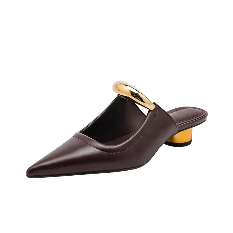 Punk Gothic Metal Buckle Low Heels Sandals Women 2025 New Pointed Toe Thick Heeled Summer Slippers Woman Platform Muller Shoes
