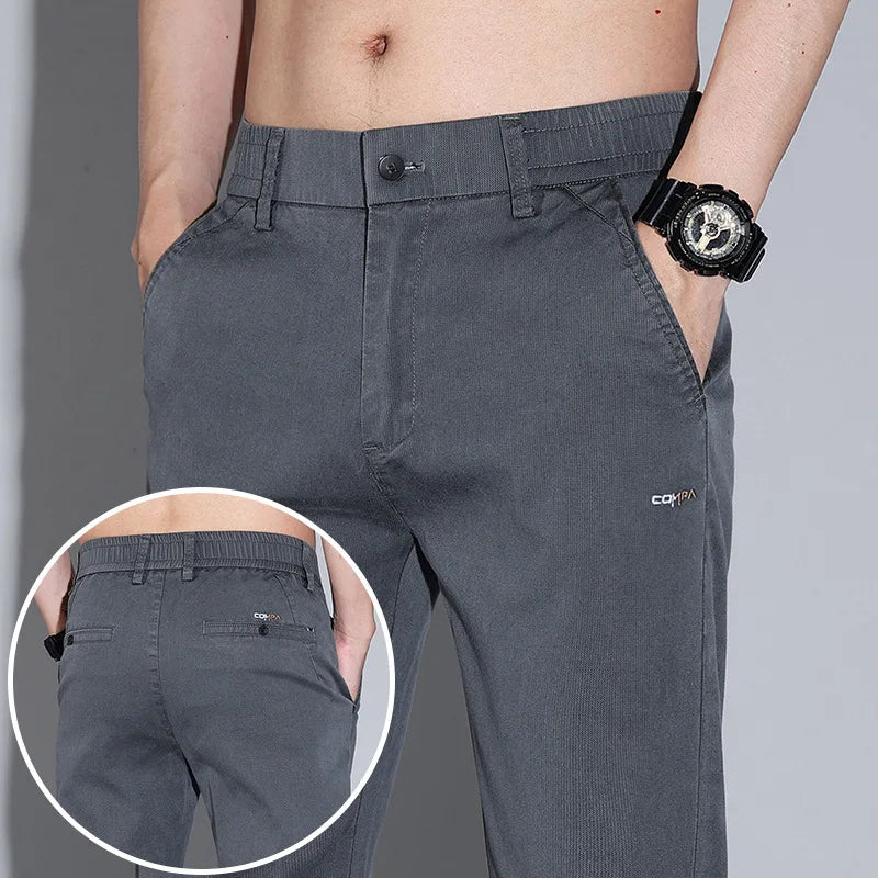 New Mens Summer Ice Silk Casual Pants Mid-Waist Elastic Straight Business Trousers 3 Colors Fashion Comfortable Man Pants