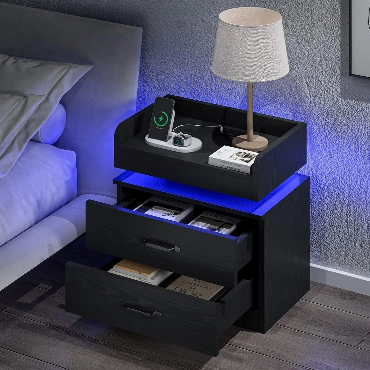 Black Nightstand with Charging Station, Night Stand with LED Lights, Modern Led End Table, Nightstand for Bedroom