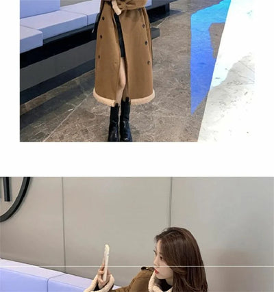 2024 Autumn Winter New Medium Long Double-breasted Lambswool Suede Woolen Coat Women Add Velvet Padded Warm Fur One Woolen Coats