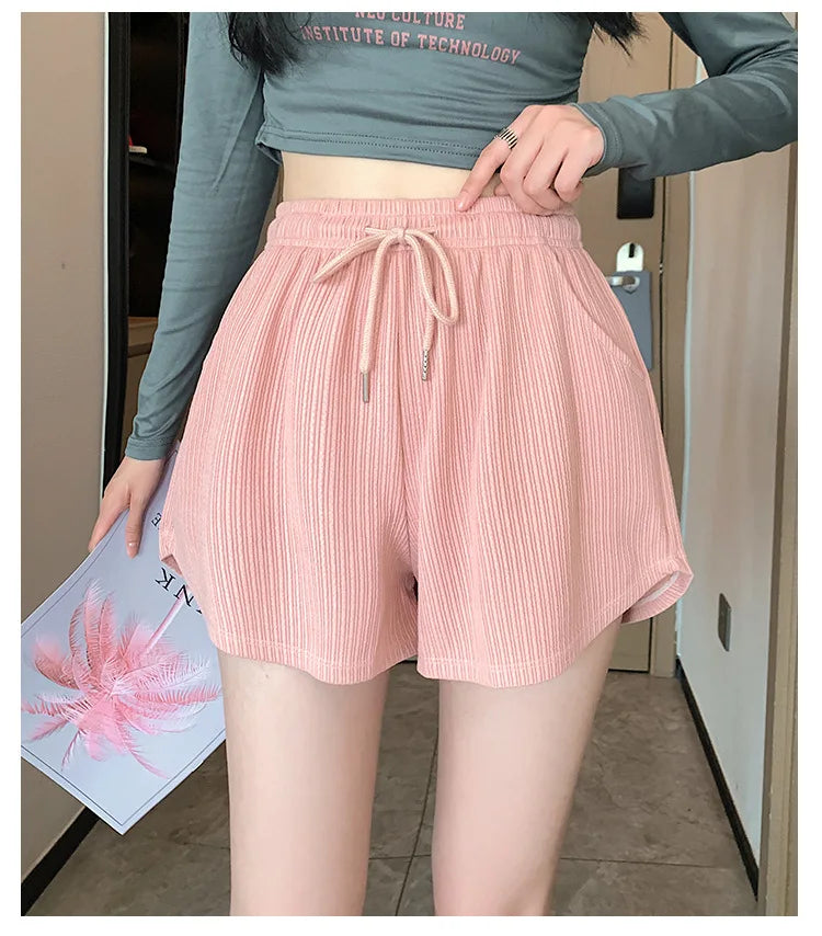 Women's Waffle Shorts sports shorts summer new Korean loose high waist wide leg pants wear women's clothing