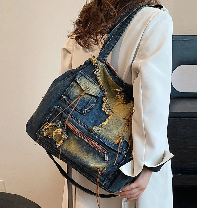 Denim Y2k Womens Shoulder Bag Vintage Washed Distressed Fashion female Messenger Bag Large Capacity ladies Handbag Sac totes
