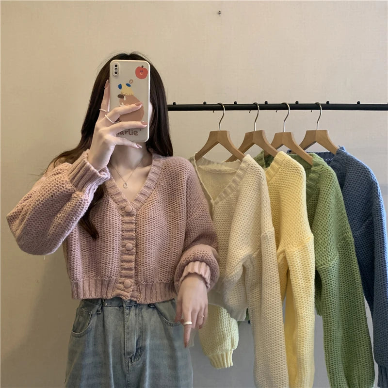 EVNISI Women Slim Sweater Cardigan V-Neck Button Up Casual Solid Knitting Sweater Coat Sweet For Women Cardigan Coat Autumn 2023