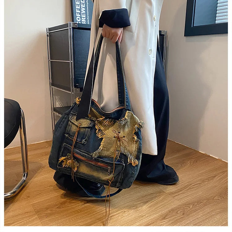 Denim Y2k Womens Shoulder Bag Vintage Washed Distressed Fashion female Messenger Bag Large Capacity ladies Handbag Sac totes