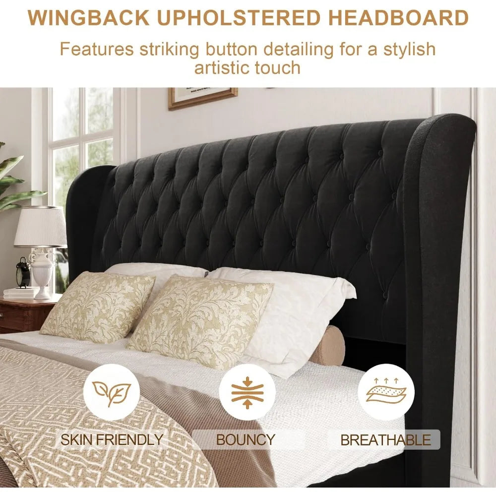 Platform Bed Frame, Chenille Upholstered Sleigh Bed with Scroll Wingback Headboard & Footboard, 52" Tall Headboard