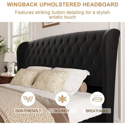 Platform Bed Frame, Chenille Upholstered Sleigh Bed with Scroll Wingback Headboard & Footboard, 52" Tall Headboard