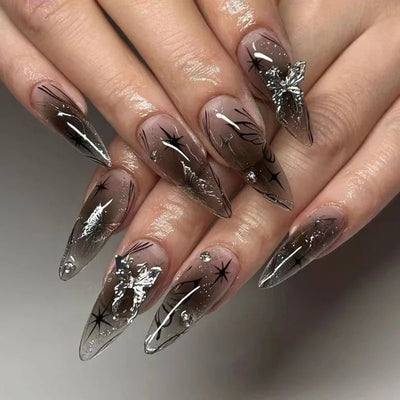 24Pc Leopard Print French False Nails Long Stiletto Press on Nails with Steel Ball Fake Nail Sweet Cool Detachable Nail Tips Art
