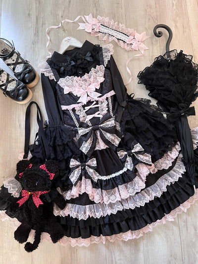 Original Lolita Dress Set Doll Feeling Girl Women's Sweet Jsk Suspender Dress Princess Fairy Lace Bow Sling Cake Dresses