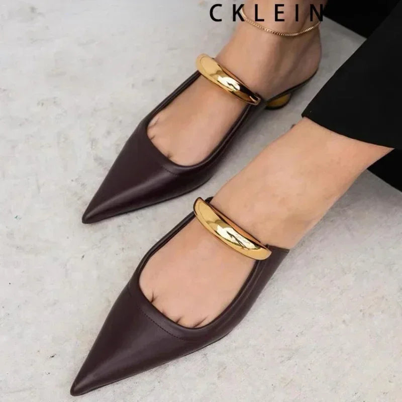 Chunky Pointed Toe Slippers Women Metal Buckle Retro Slides Female Comfy Fashion Low Heel Sandals Designer Mules Pumps Women