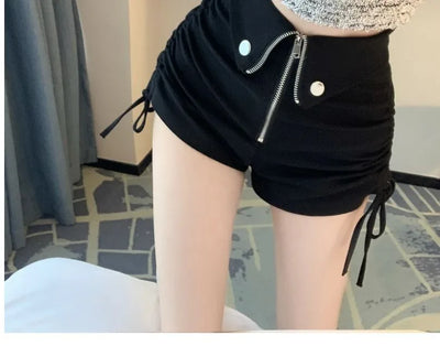 Women's High Waist White Shorts  Summer Spice Girls Drawstring A-line Short Hot Pants  Trendy Lace Up Zip Up Button Down Shorts