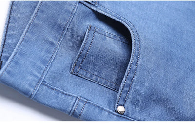 Spring/summer Thin Denim Straight Cotton Stretch Jeans Men Business Casual Cloth High Waist Ice Silk Lightweight Trousers
