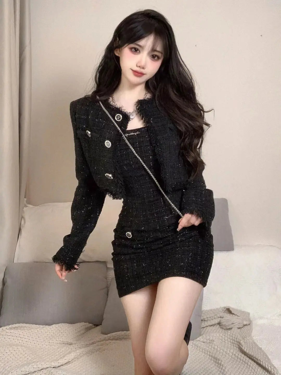 Korean Fashion Short Coat Autumn/Winter New Strap Camisole Dress Wrap Hip Slim Mini Dress Spicy Girl Two Piece Set Women Outfits