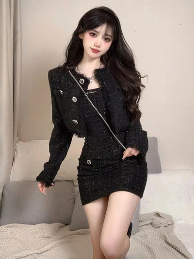 Korean Fashion Short Coat Autumn/Winter New Strap Camisole Dress Wrap Hip Slim Mini Dress Spicy Girl Two Piece Set Women Outfits