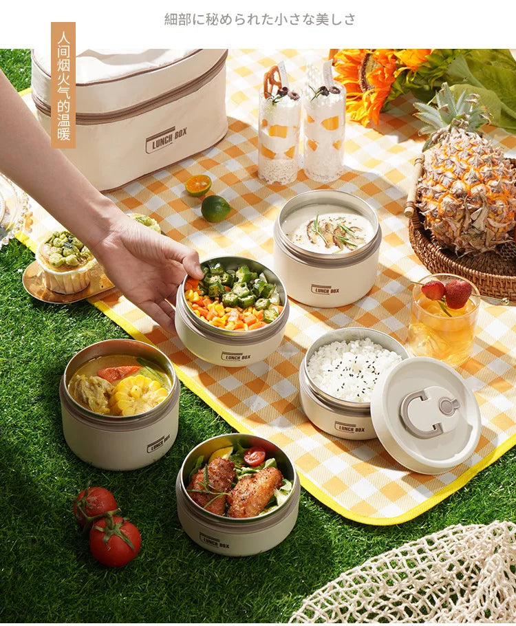 Portable Thermos 304 stainless steel insulated lunch box leakproof sealed bucket student lunch box multi-layer Round bento box
