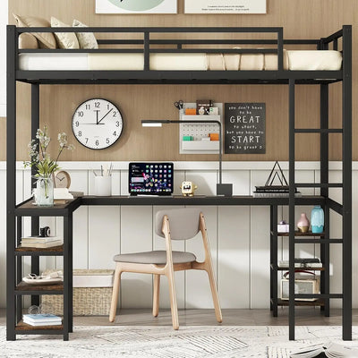 Full Size Loft Bed With Desk And Storage Shelves, Heavy Duty Loft Bed With Desk And Ladder, Full Size Loft Bed For Kids,