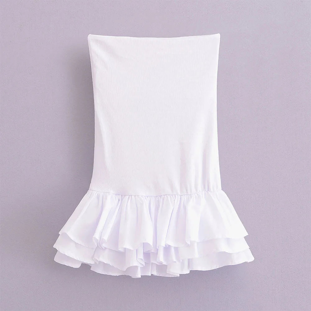 Off Shoulder Strapless Mini Dress Knitted Ruffle Layered Decorative Hem Dress Summer Backless Sexy Daring Party Short Dresses