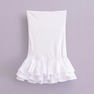 Off Shoulder Strapless Mini Dress Knitted Ruffle Layered Decorative Hem Dress Summer Backless Sexy Daring Party Short Dresses