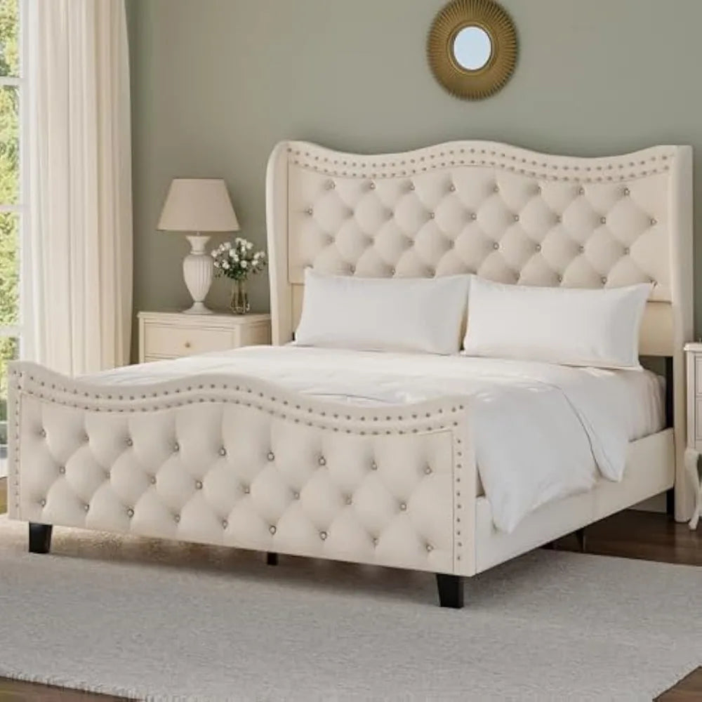 Cream Queen Size Upholstered Platform Bed Frame with 50'' Tall Velvet Tufted Curved Wingback Headboard, Wooden Slats, Noise-Free