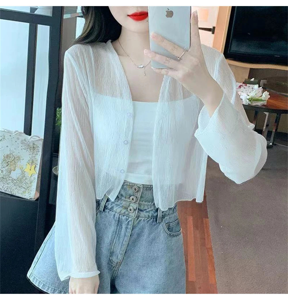 Ice silk sun protection clothing for women in summer, thin chiffon cardigan with camisole skirt, outer cover, small shawl jacket