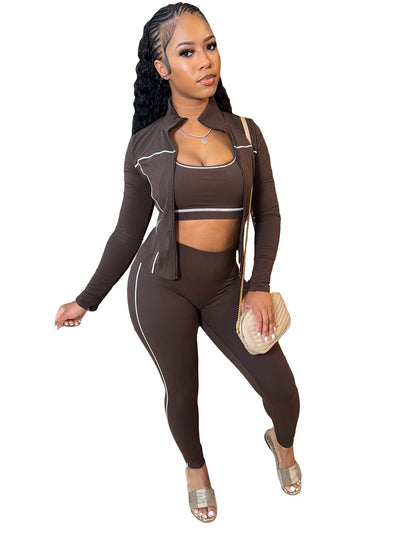 FLARORA Casual Sporty Three Piece Sets Woman Stripe Patchwork Sleeveless Vest+Jacket+Pant Outfits Female Yoga Fitness Tracksuits