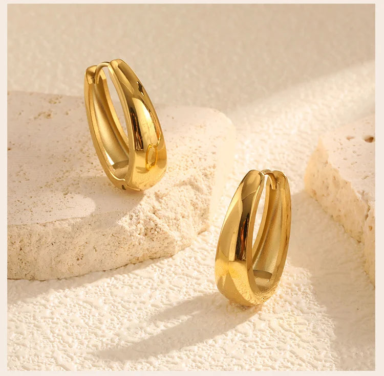 Oval Hoop Earrings for Women, Small Thick Geometic Earring Huggies, Gold Plated Hypoallergenic Minimalist Jewelry