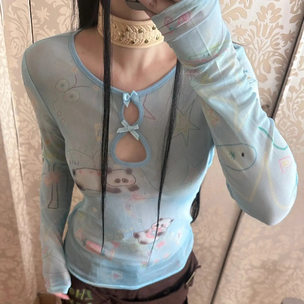 Yedinas Y2k Blue Mesh Tops Long Sleeve T Shirt Women Clothes Slim Spring Tops See Through Sheer Tshirts Grunge Aesthetics Tees