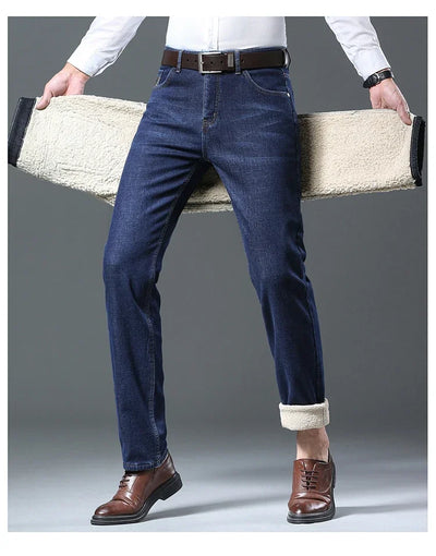Men's Wool Velvet Jeans Winter Fleece Thickened Business Casual Straight Denim Pants Soft Cozy Thermal Stretch Trousers Male