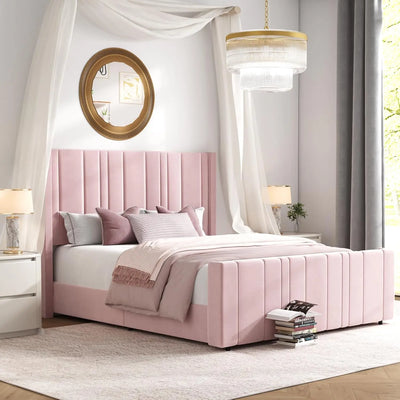 Queen Bed Frame Pink Upholstered Bed with Vertical Channel Tufted Headboard & 22" Footboard, Noise Free/Wooden Slats/Nois
