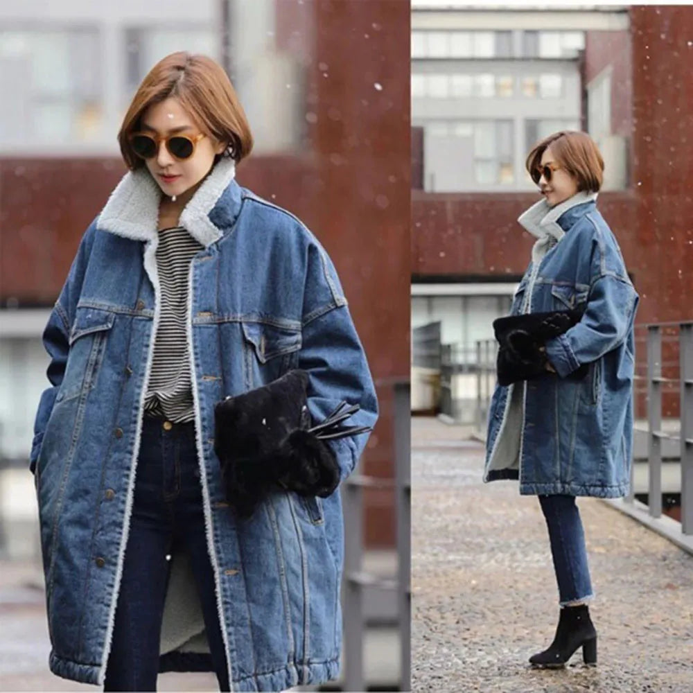 2024 Female jacket Women Warm Thick Winter Long Sleeve Denim Jacket Long Jean Coat Outerwear Women jacket Overcoat