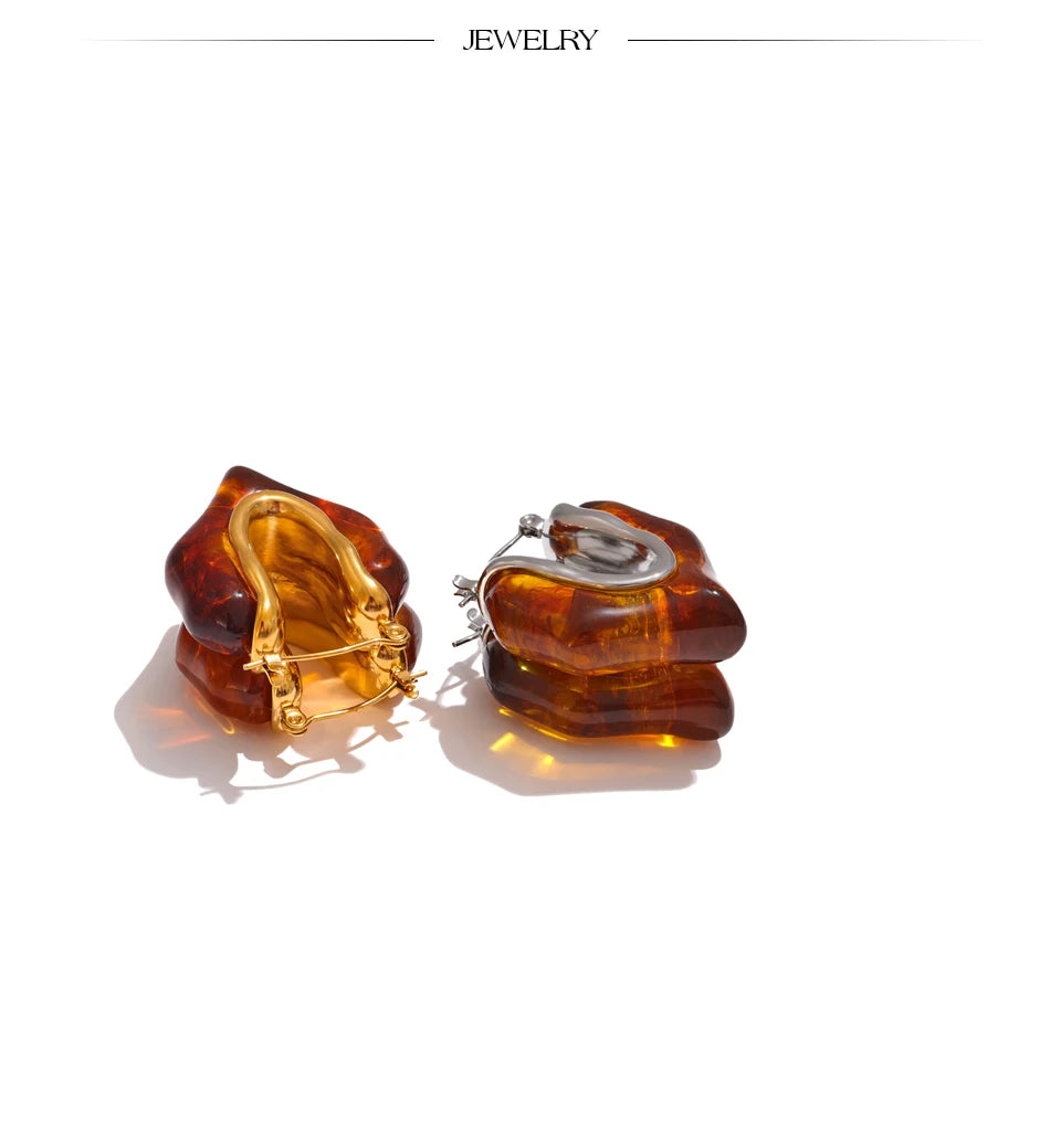 Yhpup Fashion Amber Resin Geometry Hoop Earrings Trendy Stainless Steel 18K PVD Plated Jewelry Accessories Gift