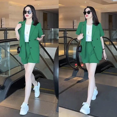Women's 2025 New Summer High-end Fashion Outfits And Suit Collar Short Sleeve Solid Coat Pop Shorts Two Piece Set Women Clothing