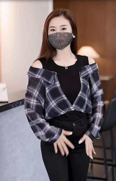 Fake Two Pieces Chiffon Silk Blouse for Women Off Shoulder Top Cool Blue Stripe Cotton Satin Shirt Woman Particular Trends Youth