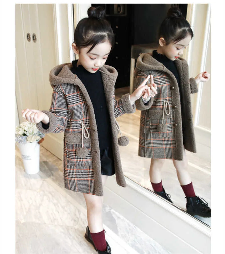 Autumn Winter Girls Hairy Coat Fashion Design Long Coat for Girls Kids Outerwear Grid Pattern Warm Winter Jacket Coats 4-12T