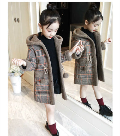 Autumn Winter Girls Hairy Coat Fashion Design Long Coat for Girls Kids Outerwear Grid Pattern Warm Winter Jacket Coats 4-12T