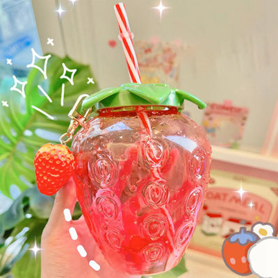1Set Practical Juice Drinking Cup Lightweight Leak Proof Water Bottle 500ML Capacity PP Strawberry Straw Cup Kitchen Accessories