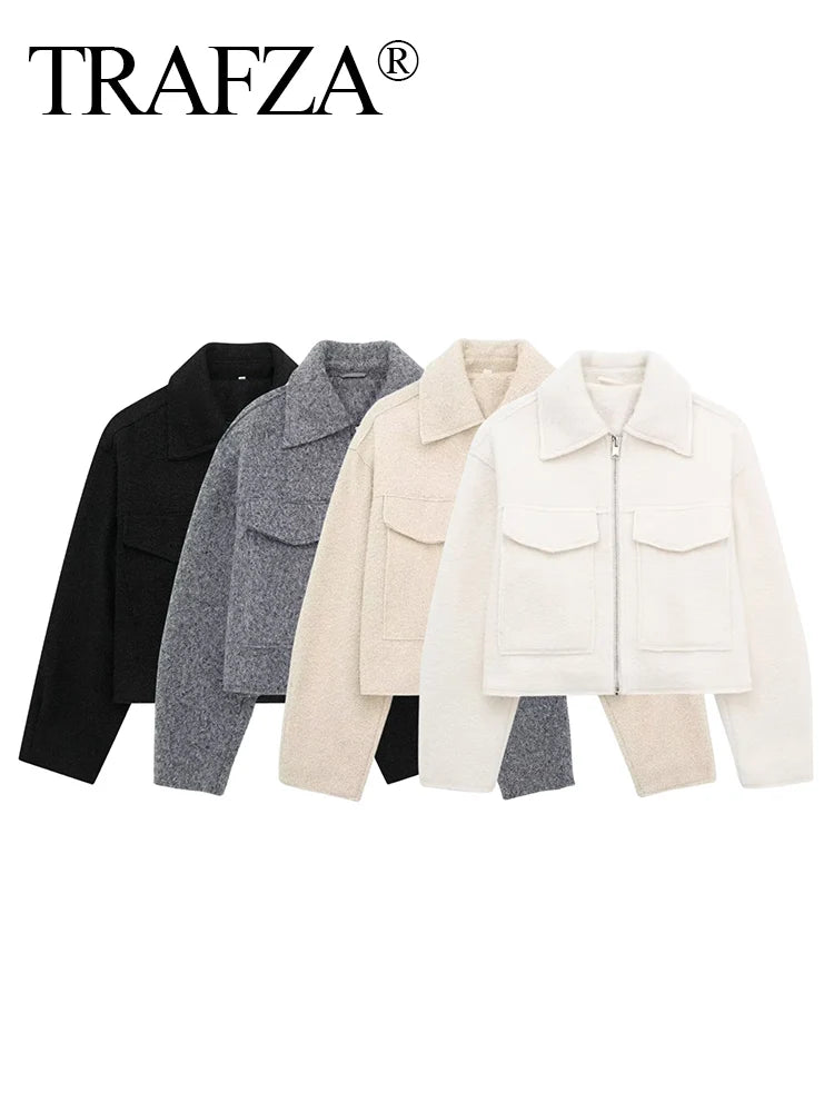 TRAFZA Women Vintage Casual Chic Solid Jackets Turn-down Collar Pockets Zipper Long Sleeve Coats Female Fashion 2024 Spring Coat