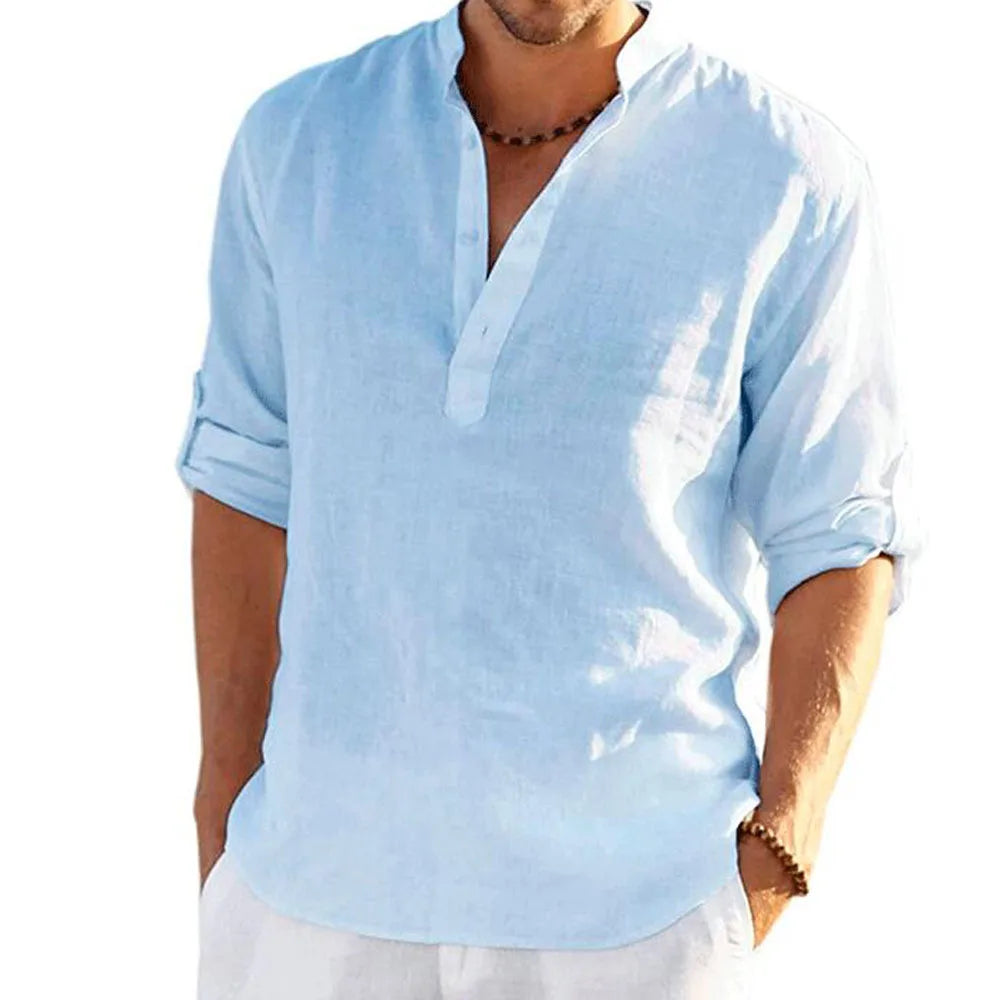 Men Cotton Linen T-shirts Summer V Collarless Long Sleeve Solid Sand Beachwear Office Man Tee Shirt Tops BSDFS-ZT167