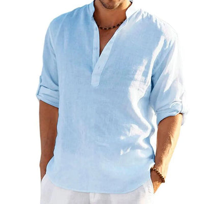 Men Cotton Linen T-shirts Summer V Collarless Long Sleeve Solid Sand Beachwear Office Man Tee Shirt Tops BSDFS-ZT167