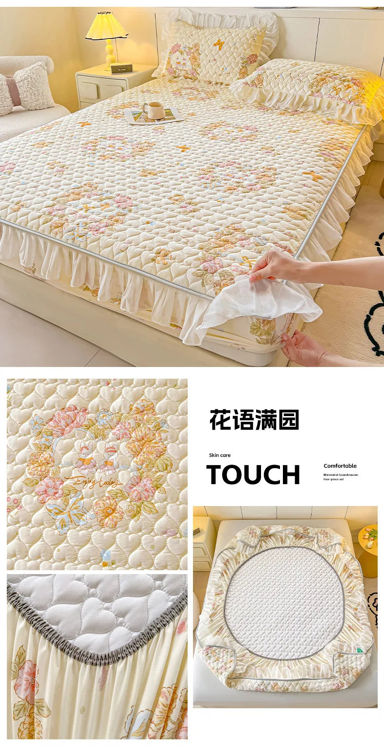2025 New Single Bed Hat Korean Lace Bed Sheet Cover Chiffon Princess Wind Ins Cotton Four Seasons Bedspread Protective Cover