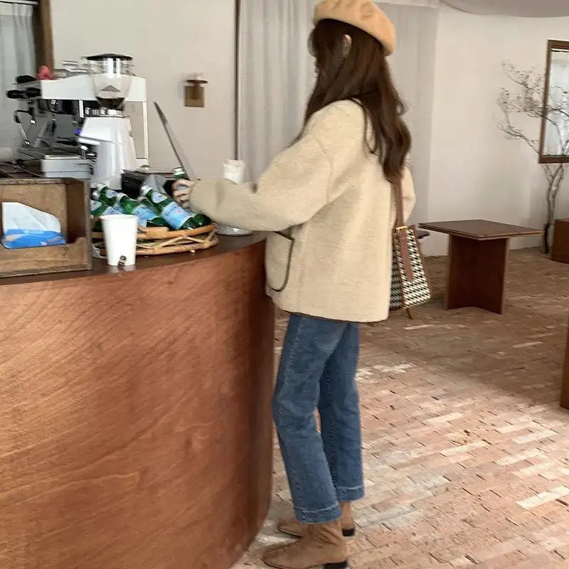 Women Autumn Winter Warm Teddy Coat Berber Fleece Round Collar Short Jacket Plush Outerwear Female Fashion Streetwear Clothes